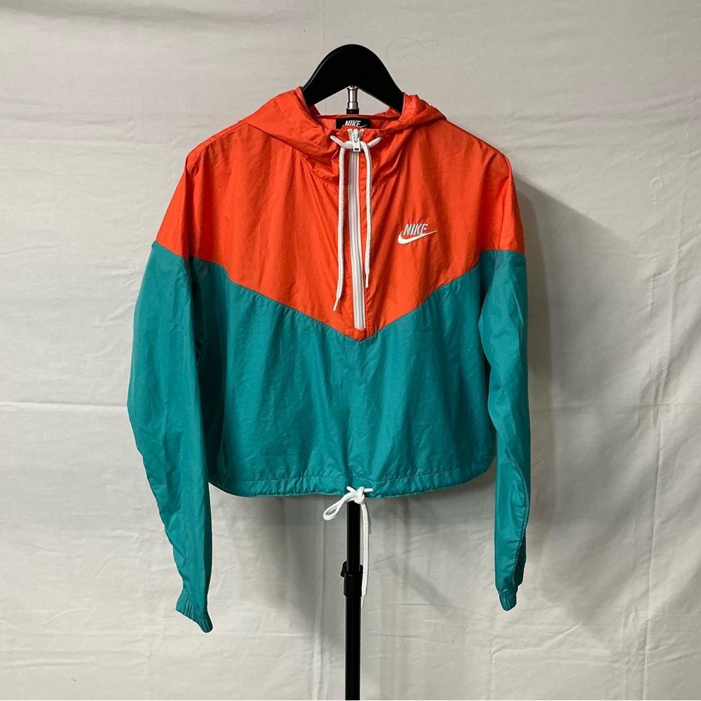Nike Women's Cropped Hoodie Jacket Windbreaker Vibrant Orange and Teal